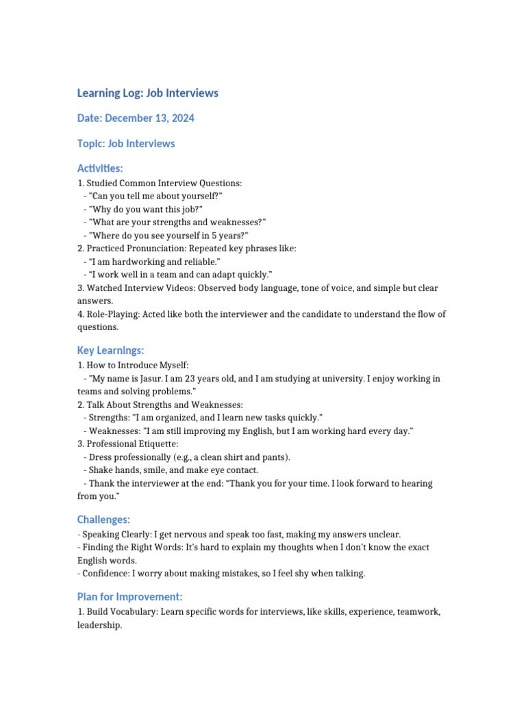 Mastering Job Interviews: A Learning Log | PDF