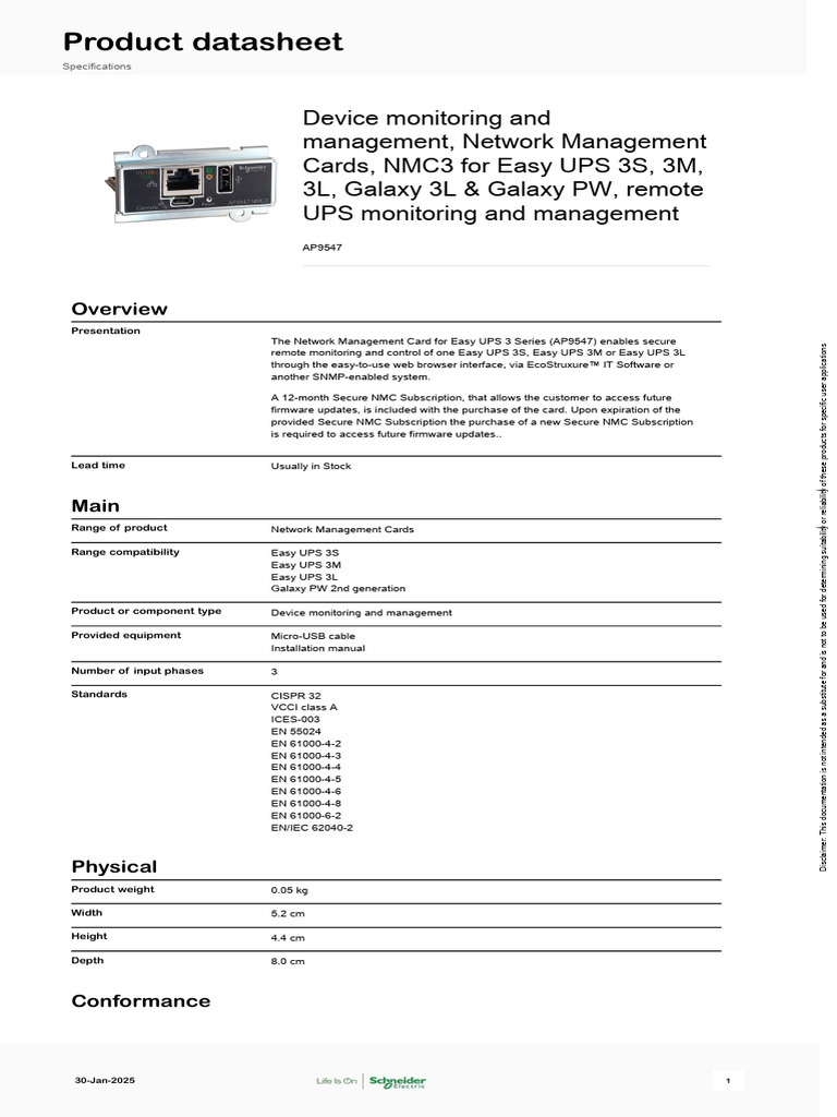 Schneider Electric UPS Network Management Cards AP9547 | PDF ...