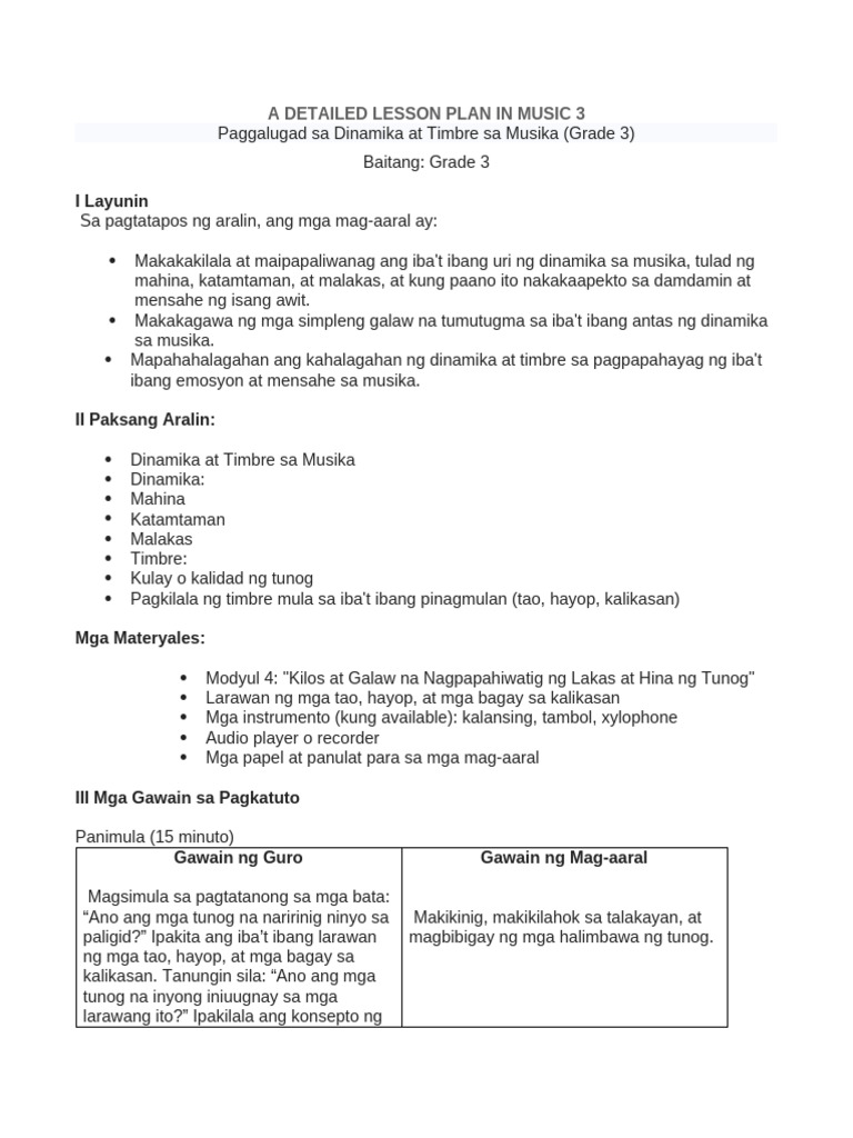 A Detailed Lesson Plan in Music 3 | PDF
