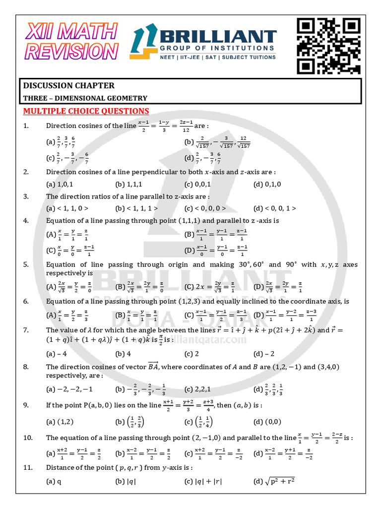 3D Geometry MCQs for Grade XII | PDF | Line (Geometry) | Cartesian ...