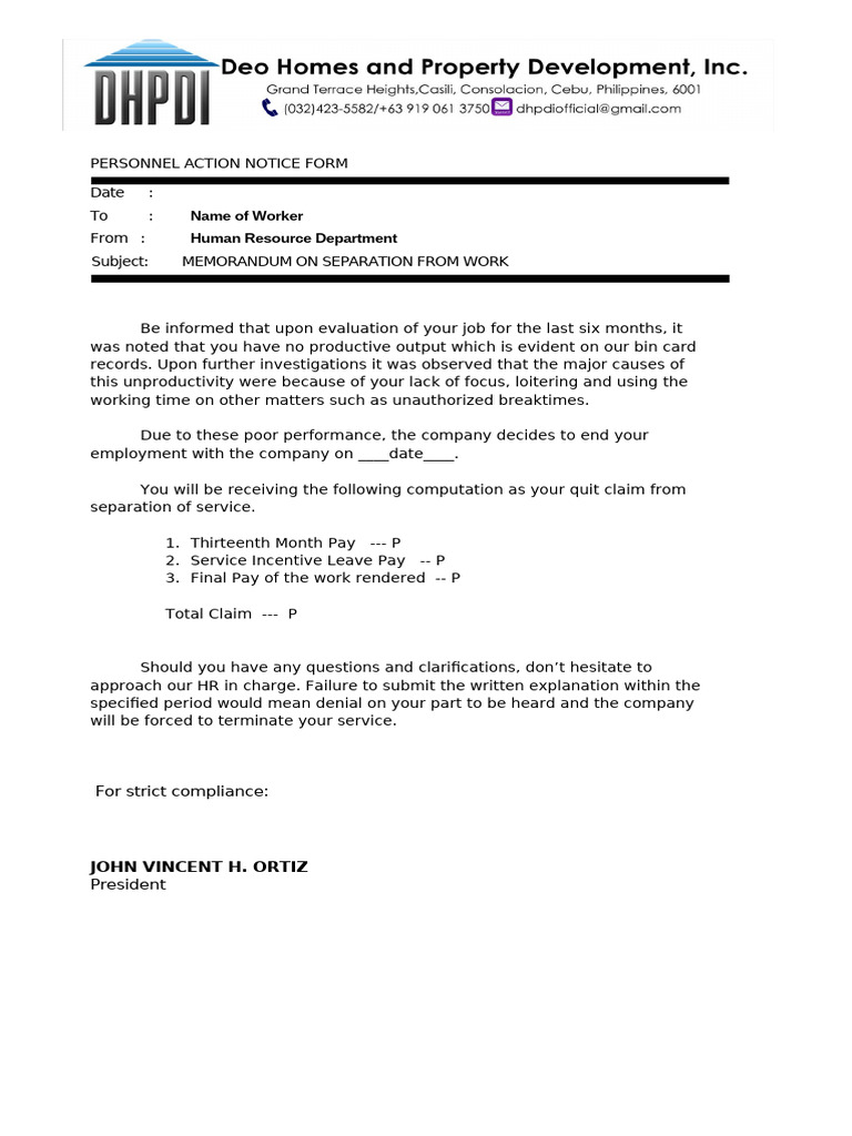 Personnel Action Notice for Termination | PDF