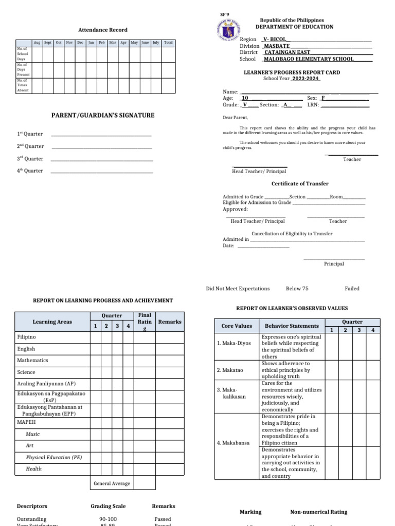 SF9 (Learners Progress Report Card) Template for ES_024241 | PDF | Learning