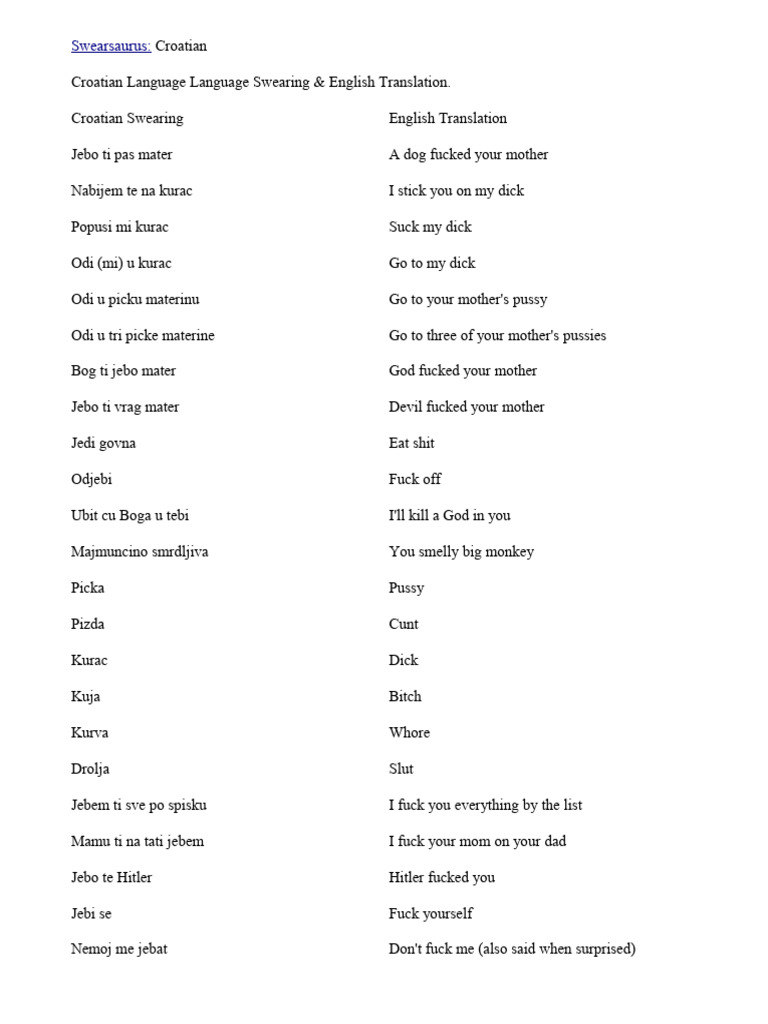 Croatian Curse Words and Translations | PDF | Profanity | Vocabulary