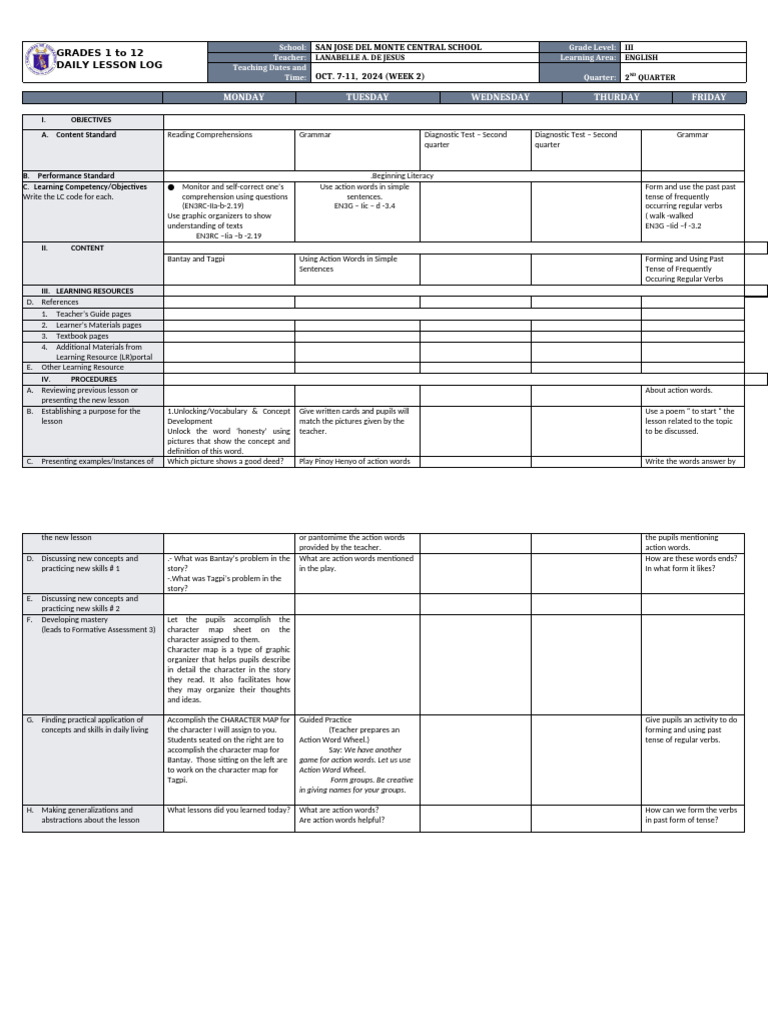 Grade 3 English Daily Lesson Plan | PDF | Reading Comprehension | Learning