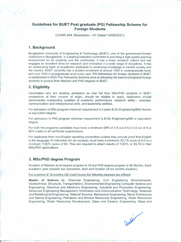 Guidelines For BUET Post Graduate (PG) Fellowship Scheme For Foreign ...