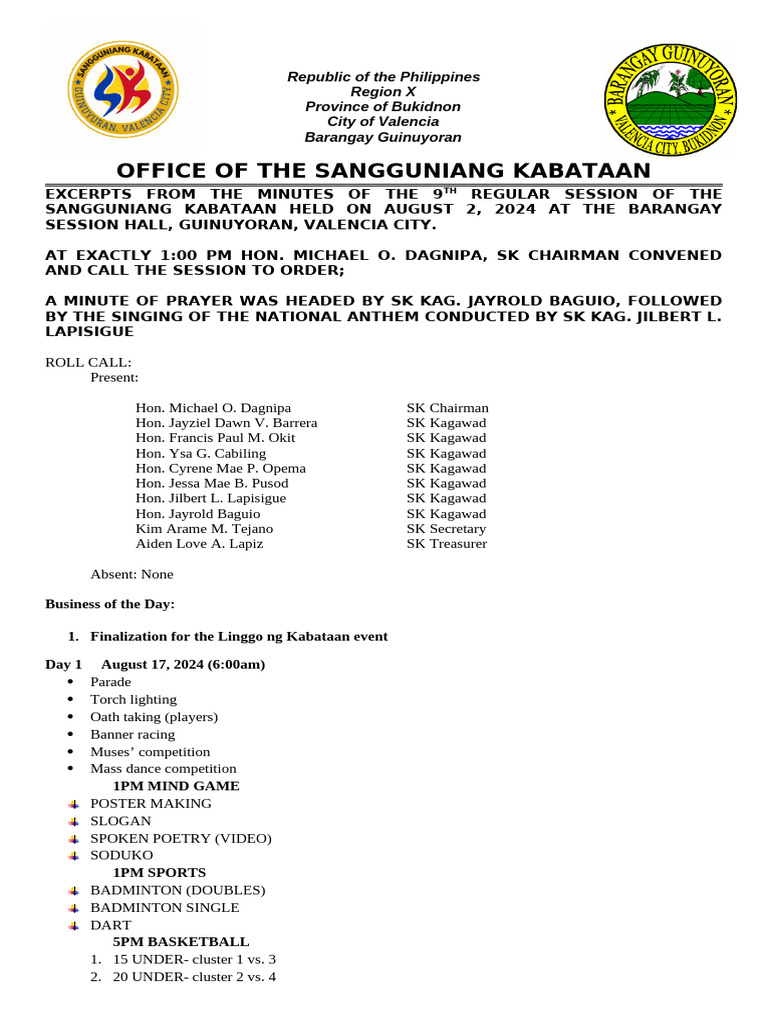 SK and Barangay Session Minutes 2024 | PDF