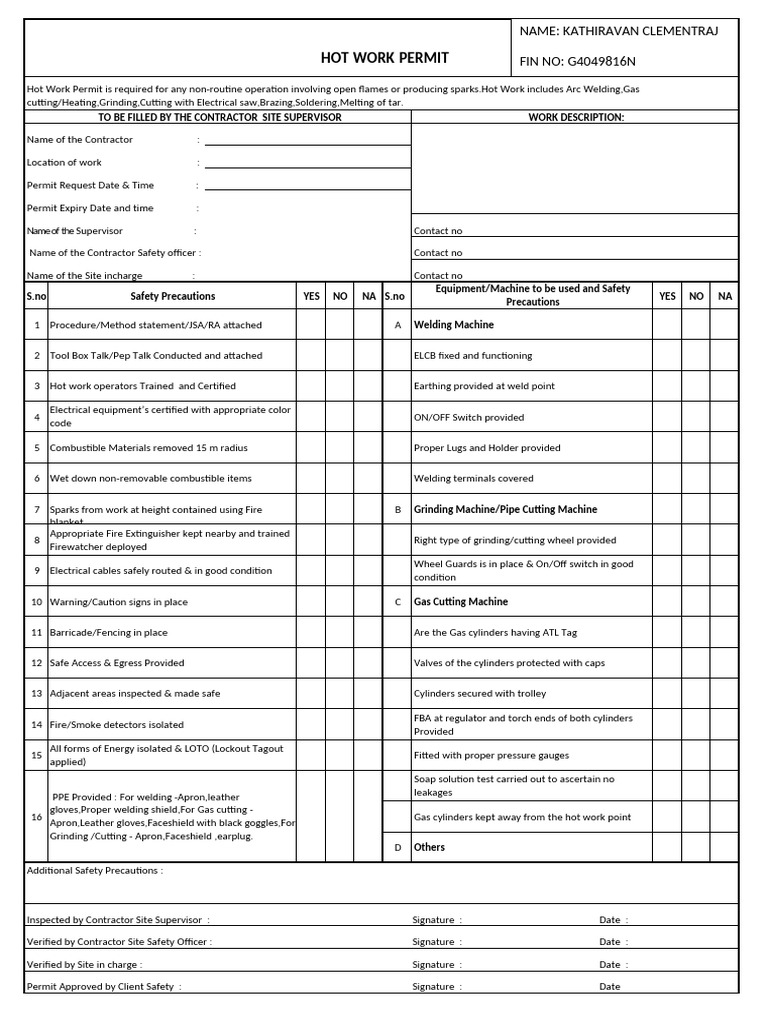 Hot Work Permit Template and Guidelines | PDF | Welding | Construction