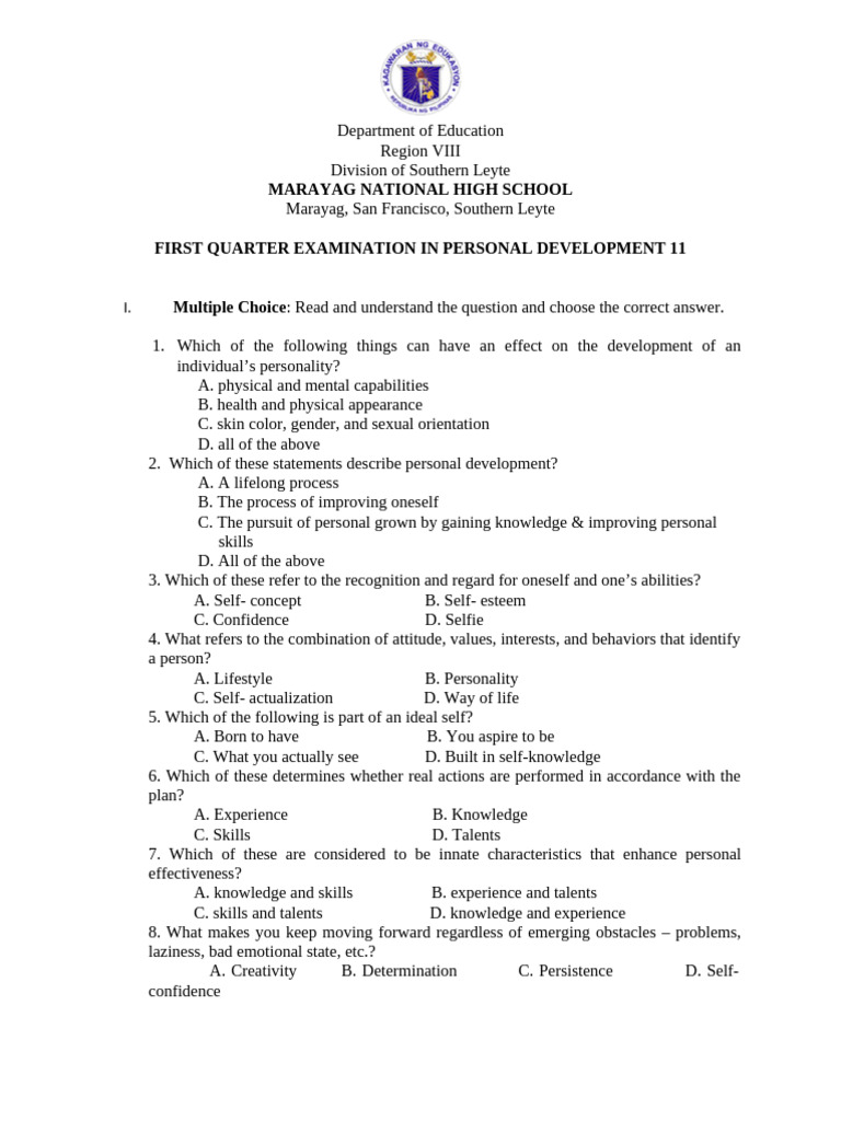 Personal Development Exam Questions | PDF | Autism | Mental Disorder