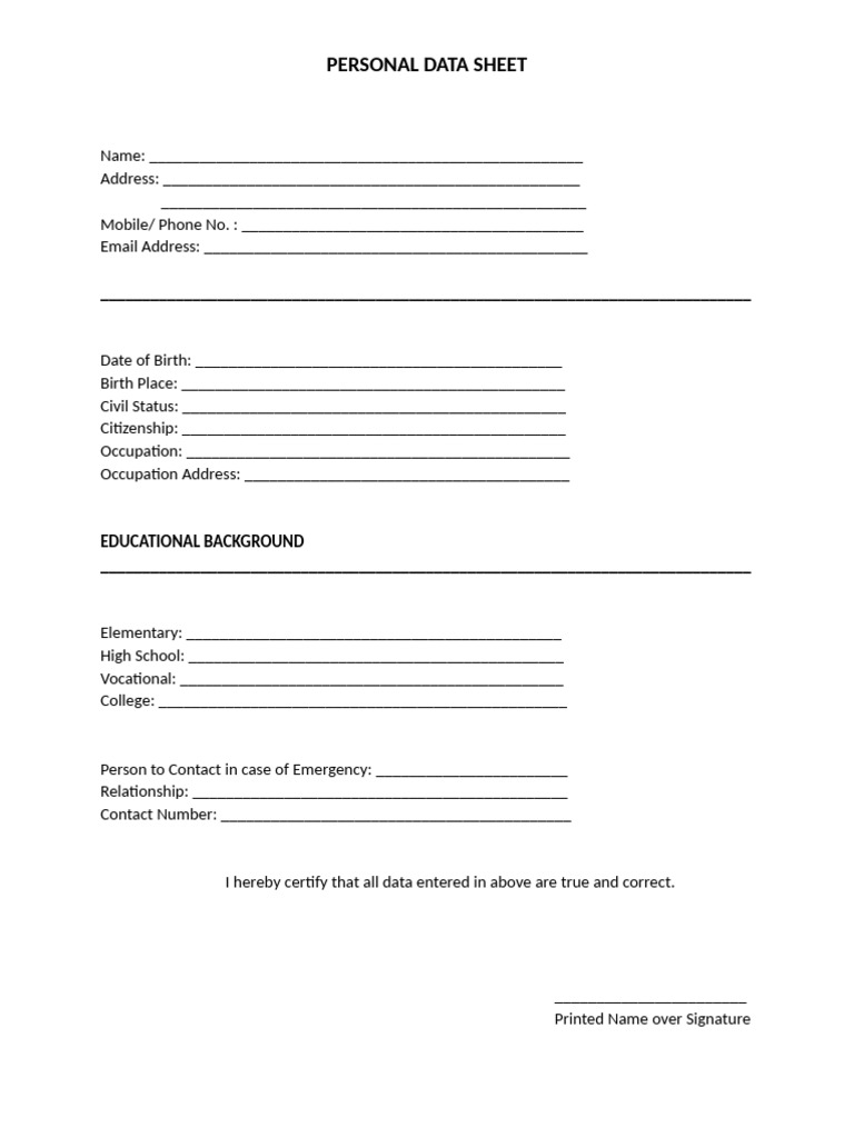 PERSONAL DATA SHEET | PDF
