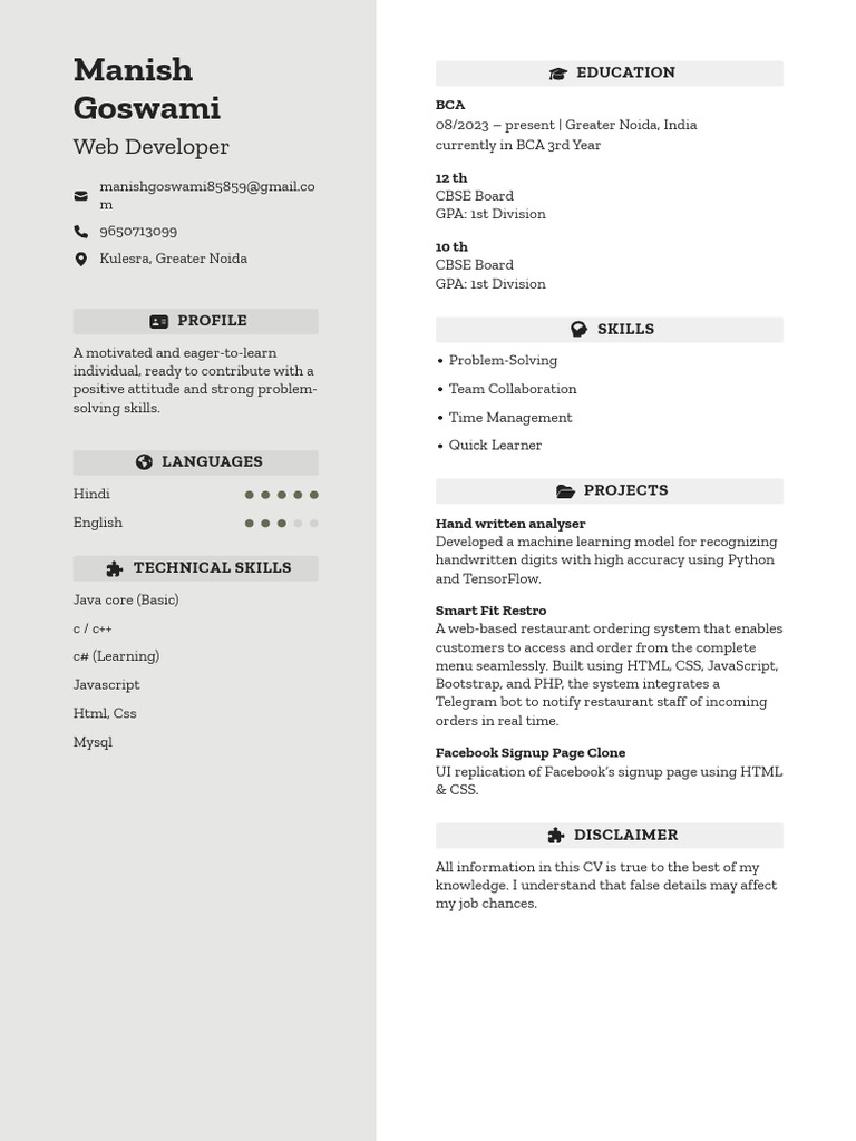 Web Developer CV: Manish Goswami | PDF | Learning | Software Engineering