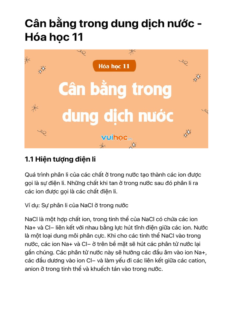 Cân bằng trong dung dịch nước - Hóa học 11 | PDF