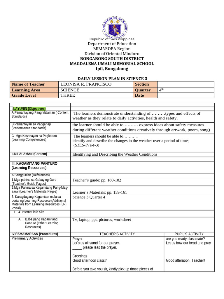 Daily Science Lesson Plan for Grade 3 | PDF | Learning | Teachers