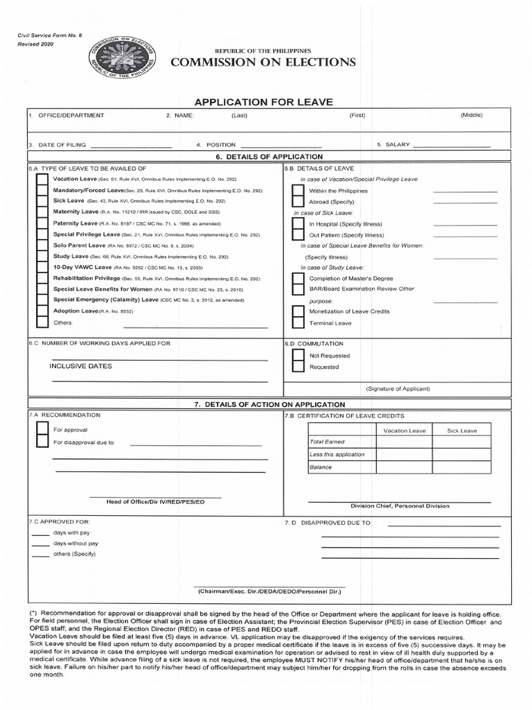 Csc form no 6 revised 2020 leave form pdf