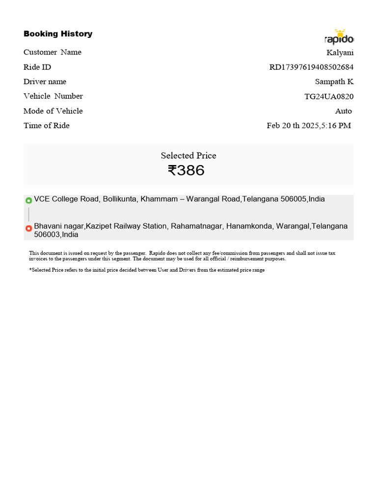 Ride Booking Invoice Details | PDF