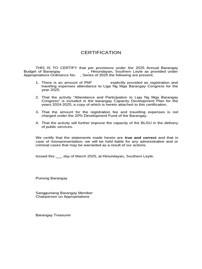 Barangay Congress Attendance Certification 2025 | PDF