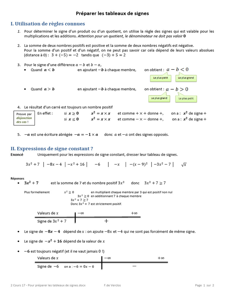 Préparation des tableaux de signes | PDF | Mathématiques élémentaires ...