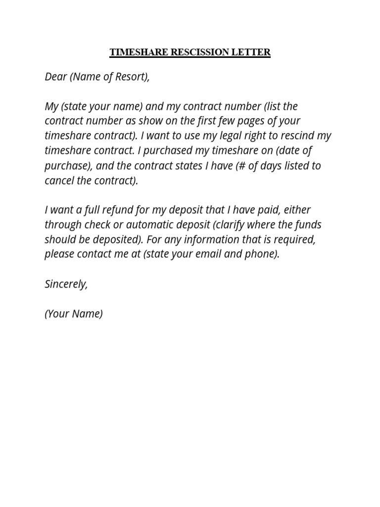 Timeshare Rescission Letter Template | PDF