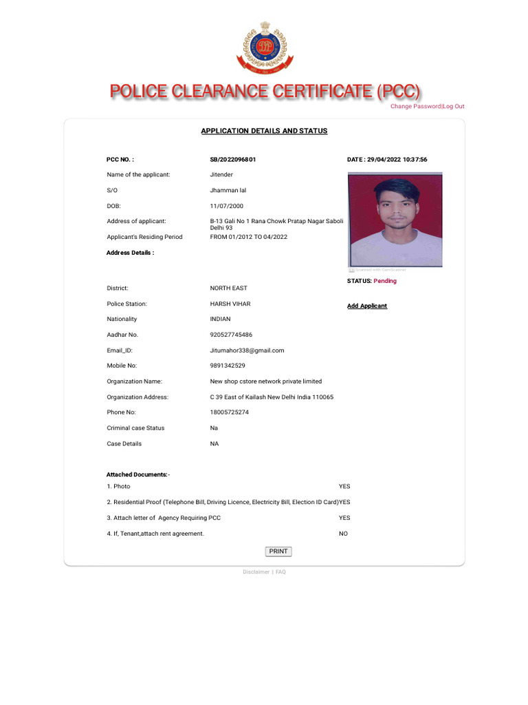 PCC Application Status for Jitender | PDF