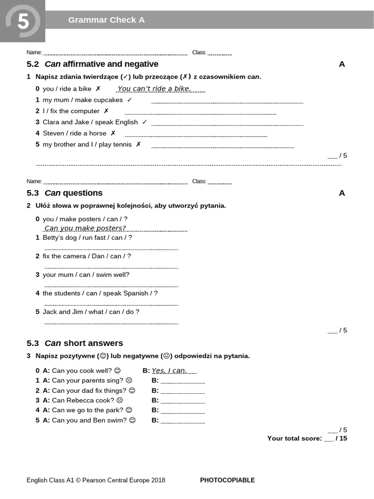 ECA1 - Tests - Grammar Check 5A - New2018 | PDF
