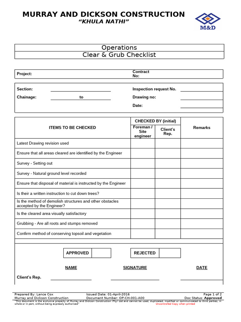 Clear & Grub Operations Checklist | PDF
