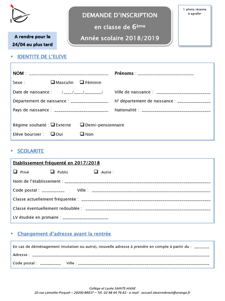 Demande d'inscription Collège Sainte-Anne | PDF | Institutions sociales ...