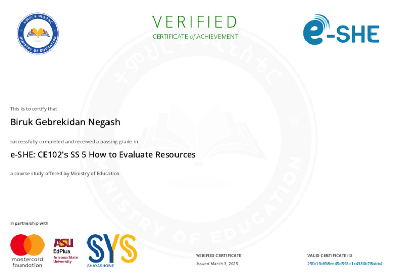 Certificate of Achievement for e-SHE Course | PDF
