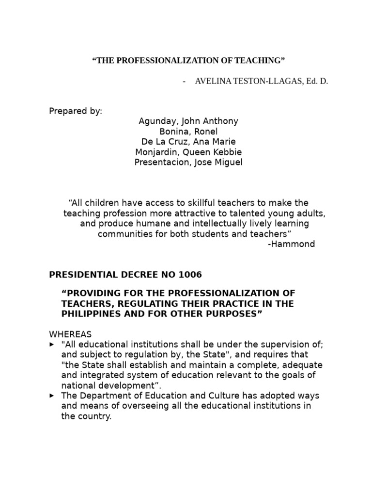 Professionalizing Teaching in the Philippines | PDF | Teachers ...