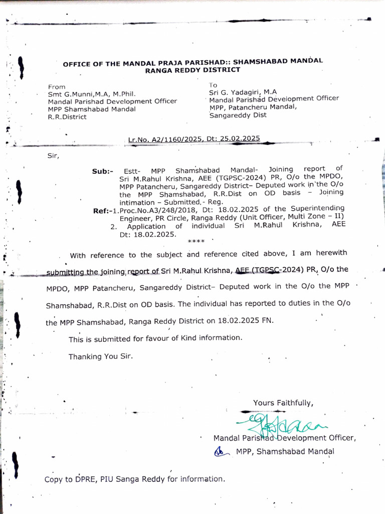 MPDO Joining Report for Shamshabad | PDF