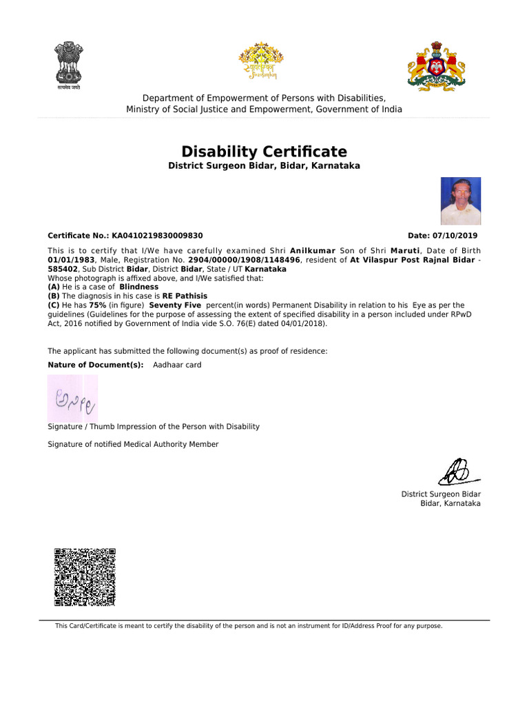 Disability Certificate for Blindness in Karnataka | PDF
