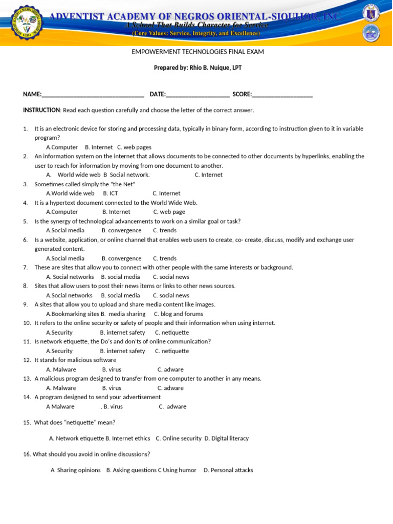 Empowerment Technologies Final Exam | PDF | World Wide Web | Internet & Web