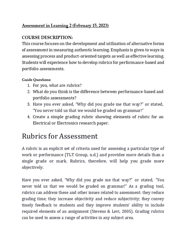Assessment in Learning 2 February 15 2023 | PDF | Rubric (Academic ...