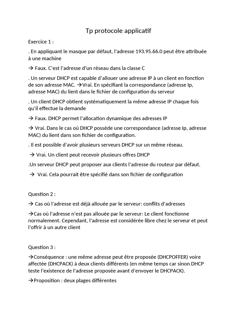 Protocole DHCP et gestion des adresses IP | PDF