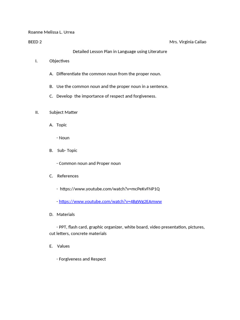 Detailed Lesson Plan in Language using Literature | PDF | Noun | Lesson ...