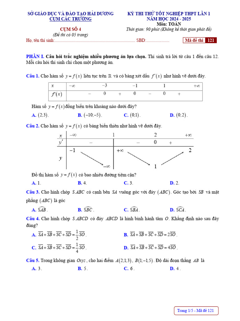 De Thi Thu TN THPT 2025 Lan 1 Mon Toan Cum Cac Truong So 4 Hai Duong | PDF