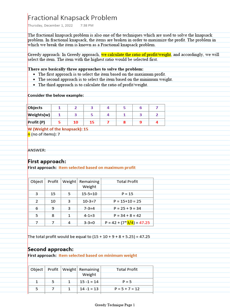 M1 Greedy - Fractional Knapsack Problem | PDF | Combinatorial ...