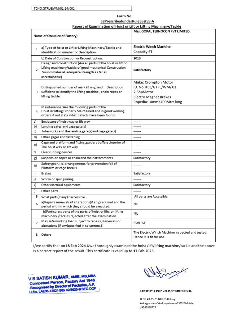 Hoist Examination Report for Electric Winch | PDF | Elevator ...