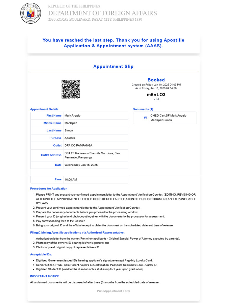 Apostille Appointment Confirmation Slip | PDF | Identity Document ...
