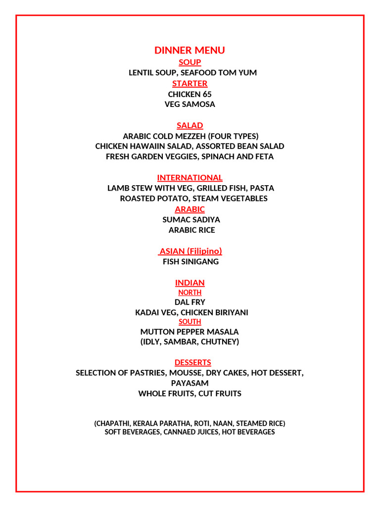 Diverse International Dinner Menu | PDF