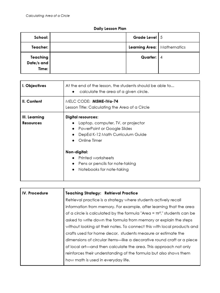 Area of a Circle Lesson Plan | PDF | Area | Circle