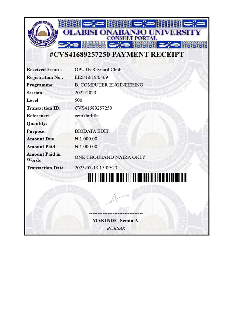 Payment Receipt for B. Computer Engineering | PDF