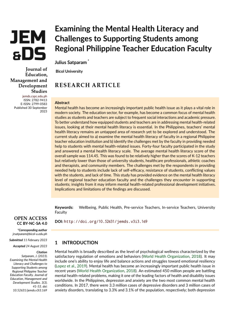 Examining The Mental Health Literacy and Challenge | PDF | Mental ...