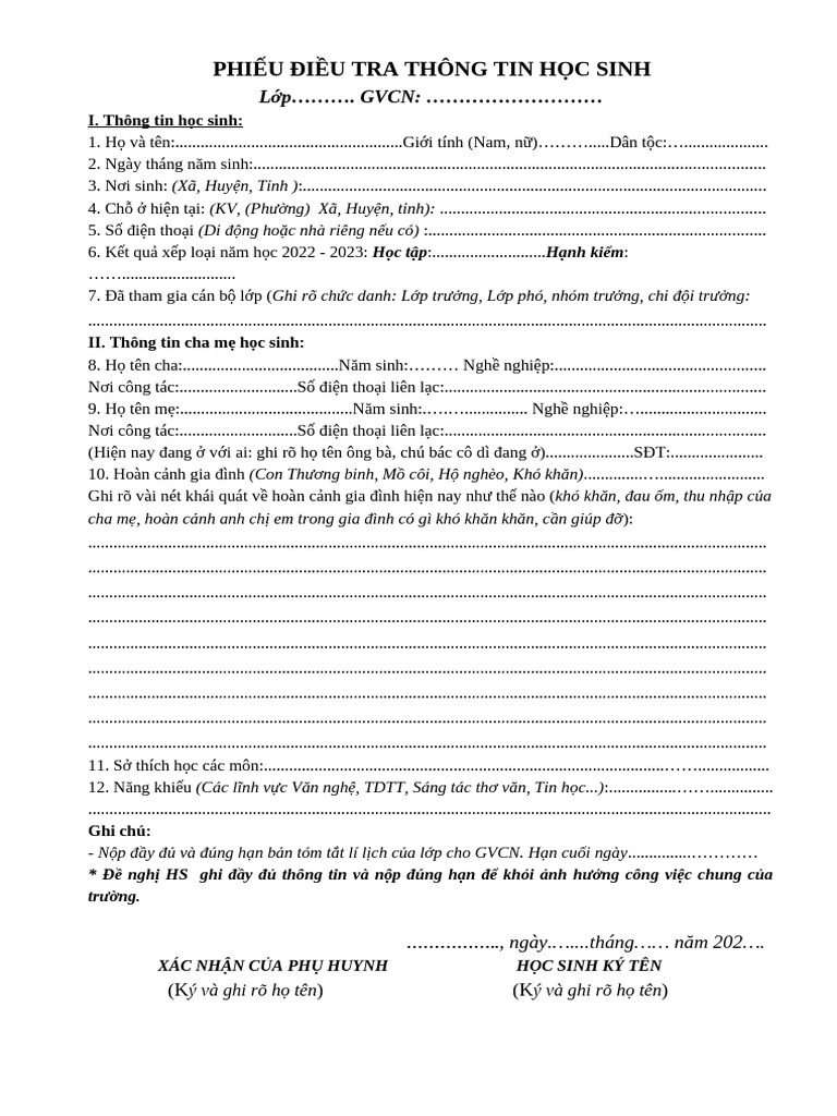 Phieu Dieu Tra Thong Tin Hoc Sinh TH - 1209161422 | PDF