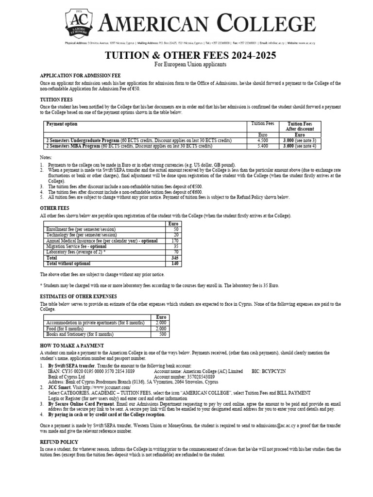 EU Student Fees & Payment Guide | PDF | Fee | Tuition Payments