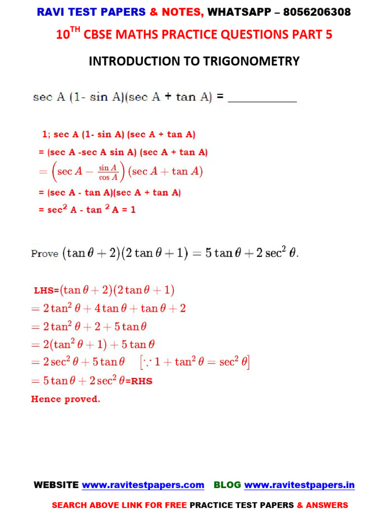 10TH Cbse Maths Practice Question Ans Part 5 | PDF