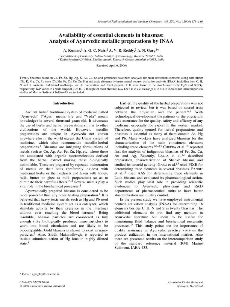 Availability of Essential Elements in Bhasmas Analysis of Ayurvedic ...