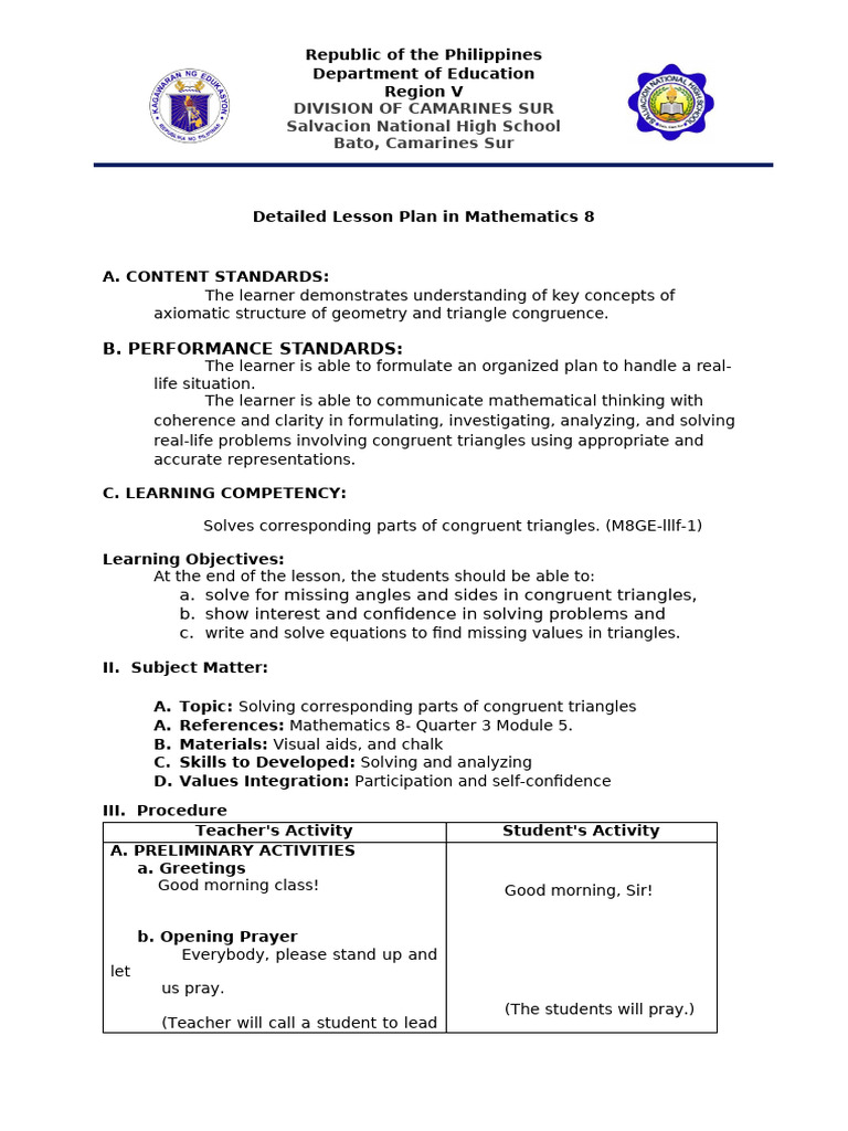 Lesson Plan: Congruent Triangles in Math 8 | PDF | Elementary ...