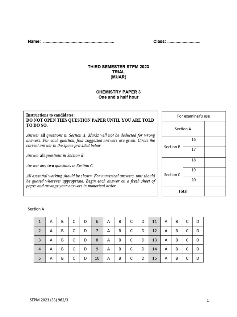 STPM 2023 Chemistry Trial Paper 3 | PDF | Chemical Reactions | Acid
