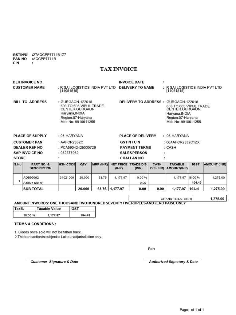 GST Invoice for R Sai Logistics, Haryana | PDF | Economy Of India ...
