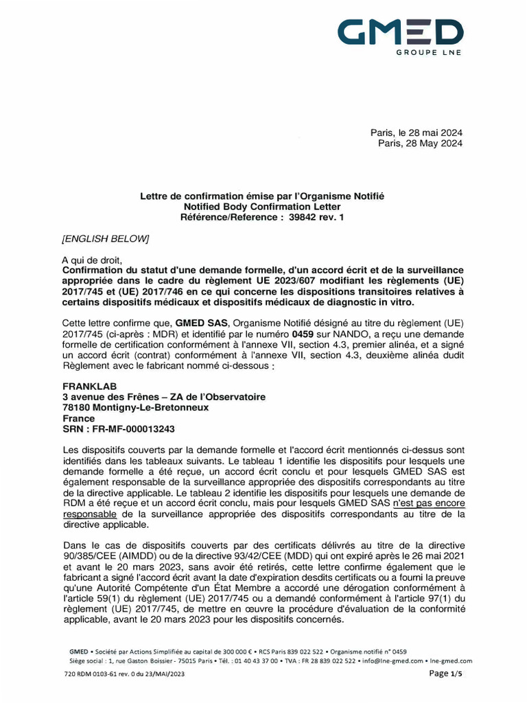 Confirmation de certification GMED SAS | PDF | Dispositif médical ...