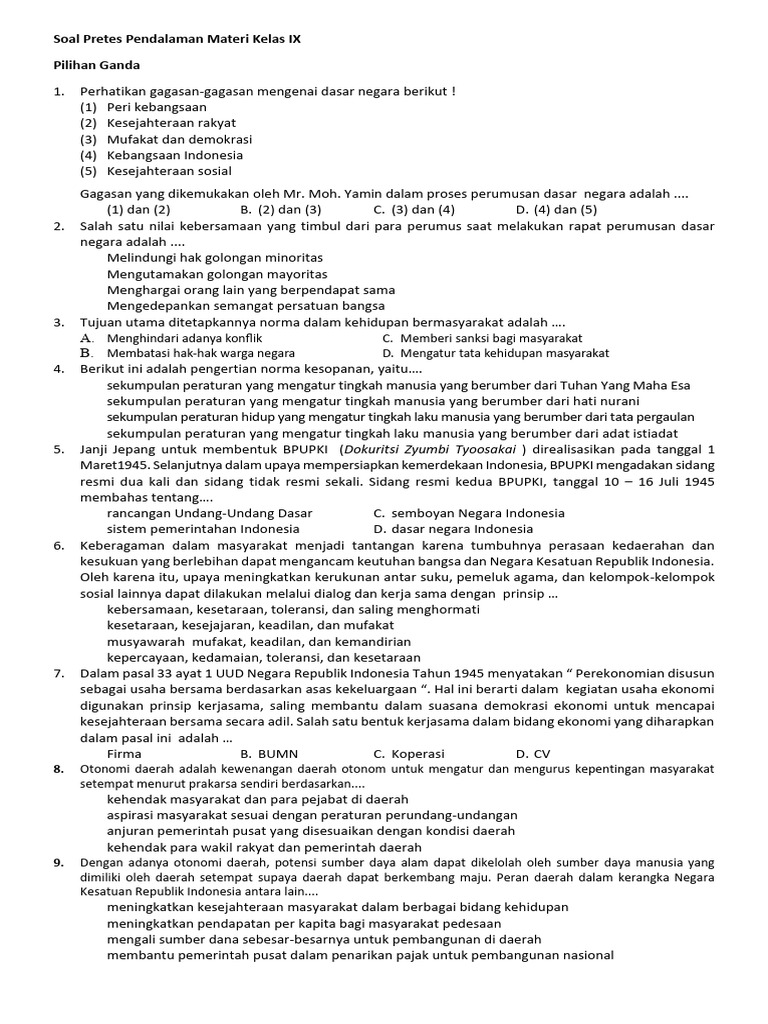 Soal Pretes Materi Kelas IX Pancasila | PDF